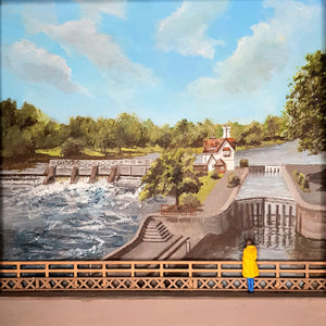 Watching the Weir - Anna Anderson - Framed size 33cm x 33 cm